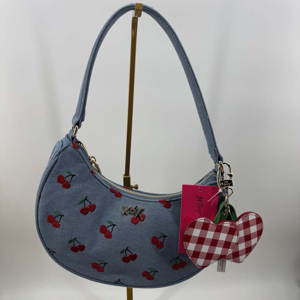Betsey Johnson Denim Cherry Embroidered Heart Charm Gingham Shoulder Bag NWT